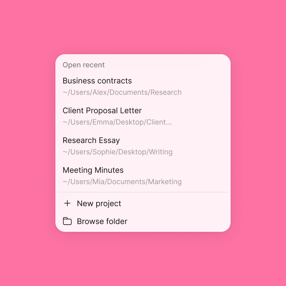 Recent projects and new project menu