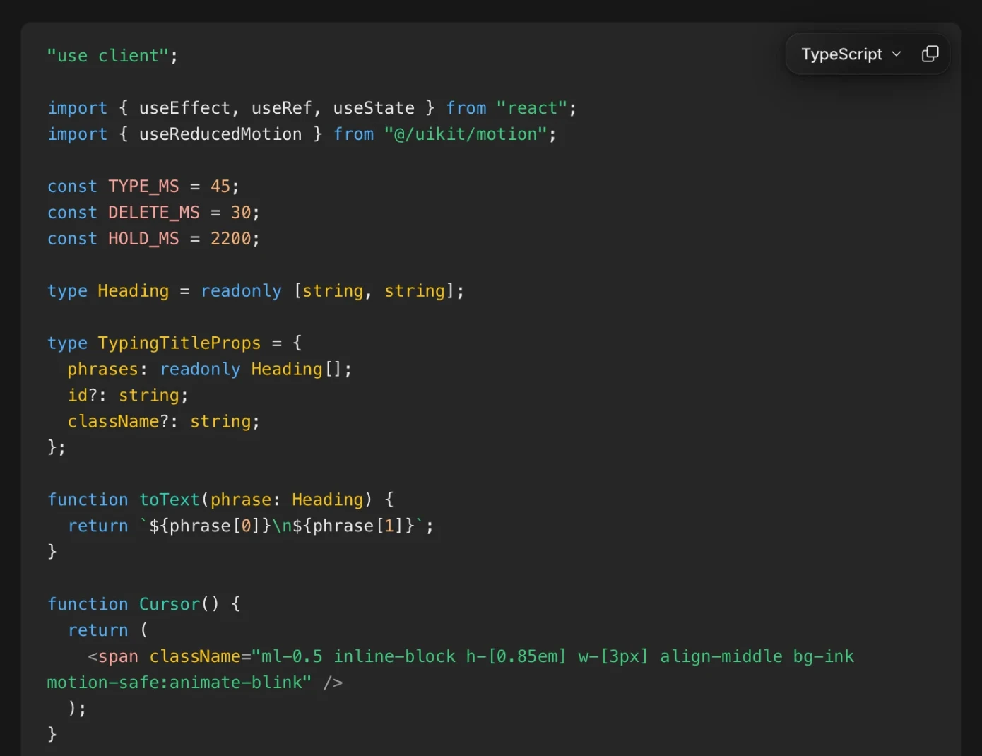 A TypeScript code block with syntax highlighting, a language picker and a copy button