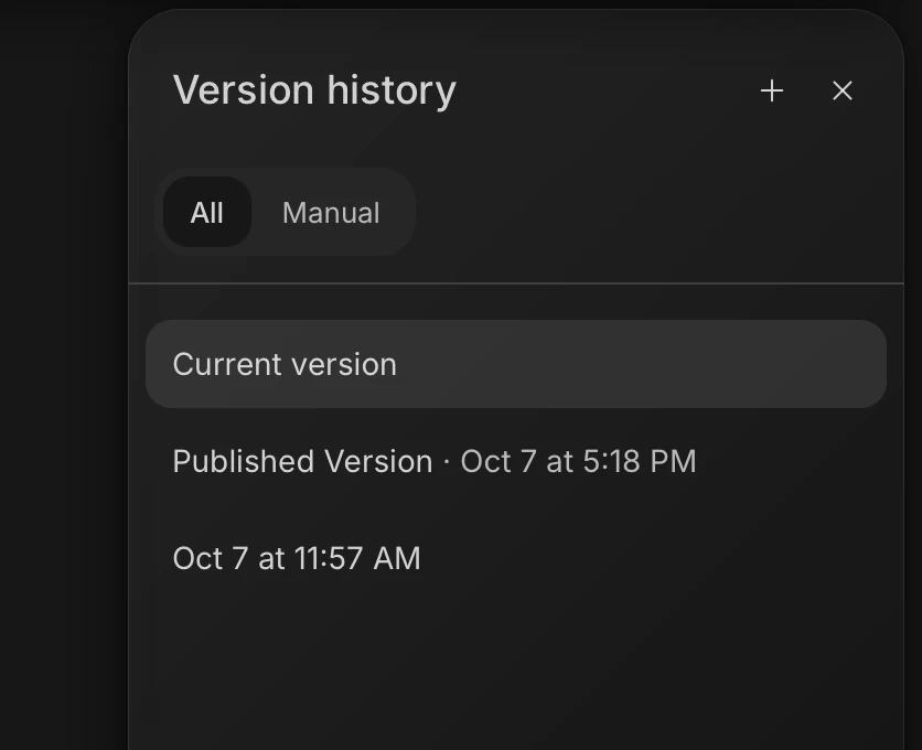 Version history panel listing the current version and earlier saved versions